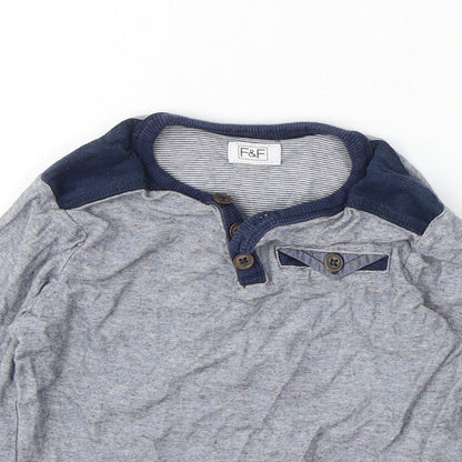F&F Boys Blue Striped Cotton Basic T-Shirt Size 12-18 Months V-Neck Button