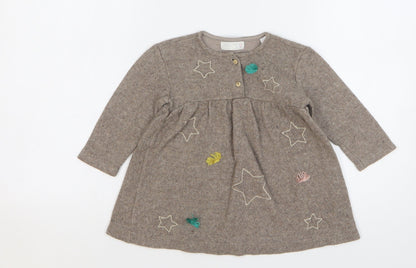 Zara Girls Beige Cotton Jumper Dress Size 24 Months Round Neck Button - Stars