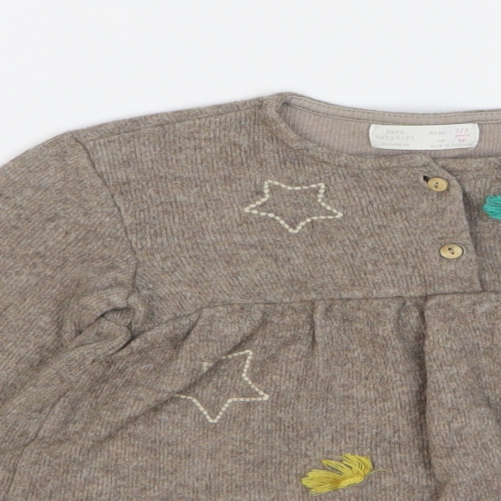 Zara Girls Beige Cotton Jumper Dress Size 24 Months Round Neck Button - Stars