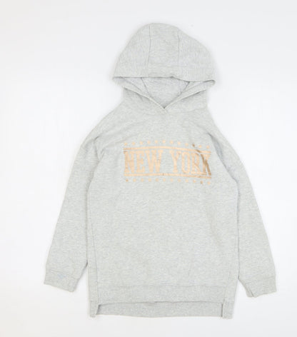 NEXT Girls Grey Cotton Pullover Hoodie Size 7 Years Pullover - New York