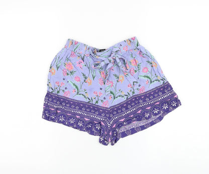 Angie Womens Purple Floral Polyester Hot Pants Shorts Size S L3 in Regular Drawstring