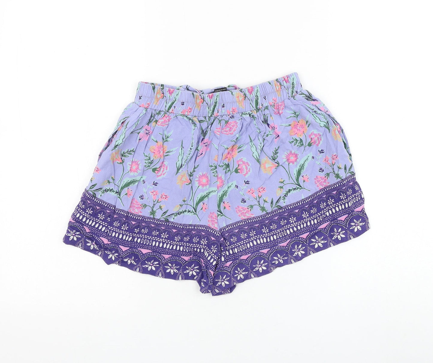 Angie Womens Purple Floral Polyester Hot Pants Shorts Size S L3 in Regular Drawstring