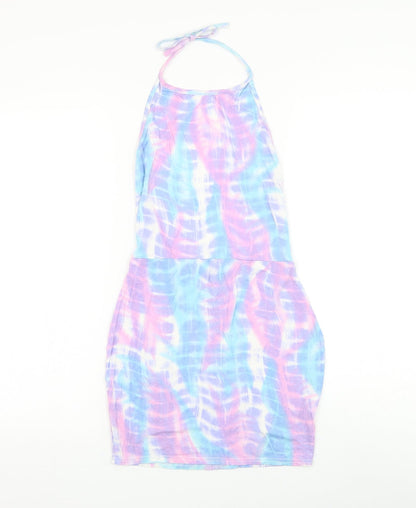 PRETTYLITTLETHING Womens Multicoloured Geometric Viscose Tank Dress Size 6 Halter Tie - Scoop Back