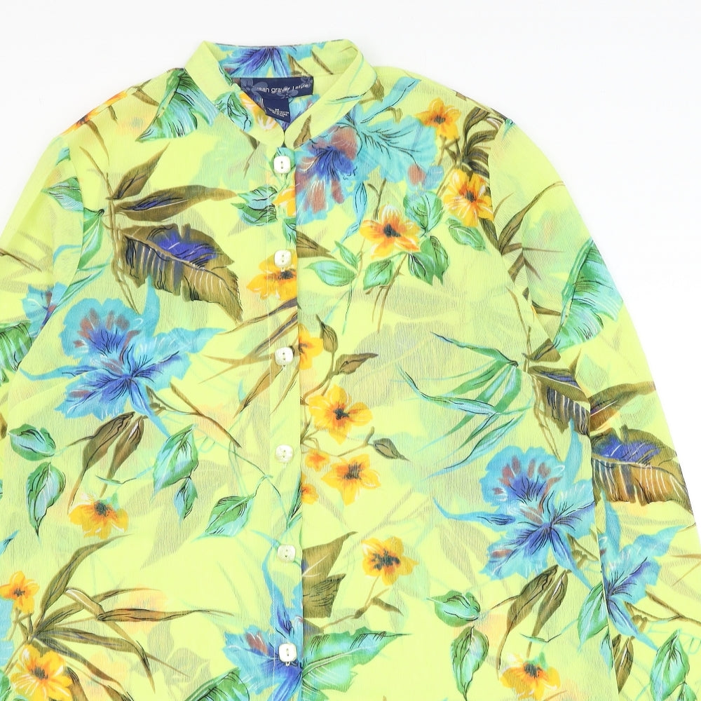 Susan Graver Womens Yellow Floral Polyester Shirt Dress Size M Round Neck Button