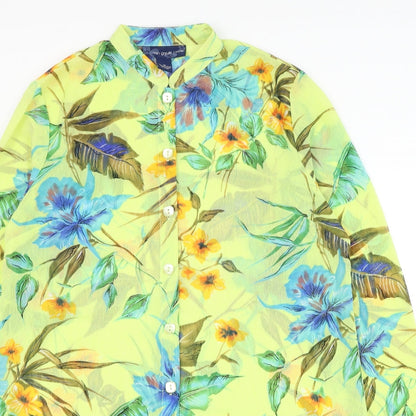 Susan Graver Womens Yellow Floral Polyester Shirt Dress Size M Round Neck Button