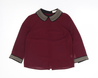 Dahlia Womens Red Polyester Basic Blouse Size L Collared