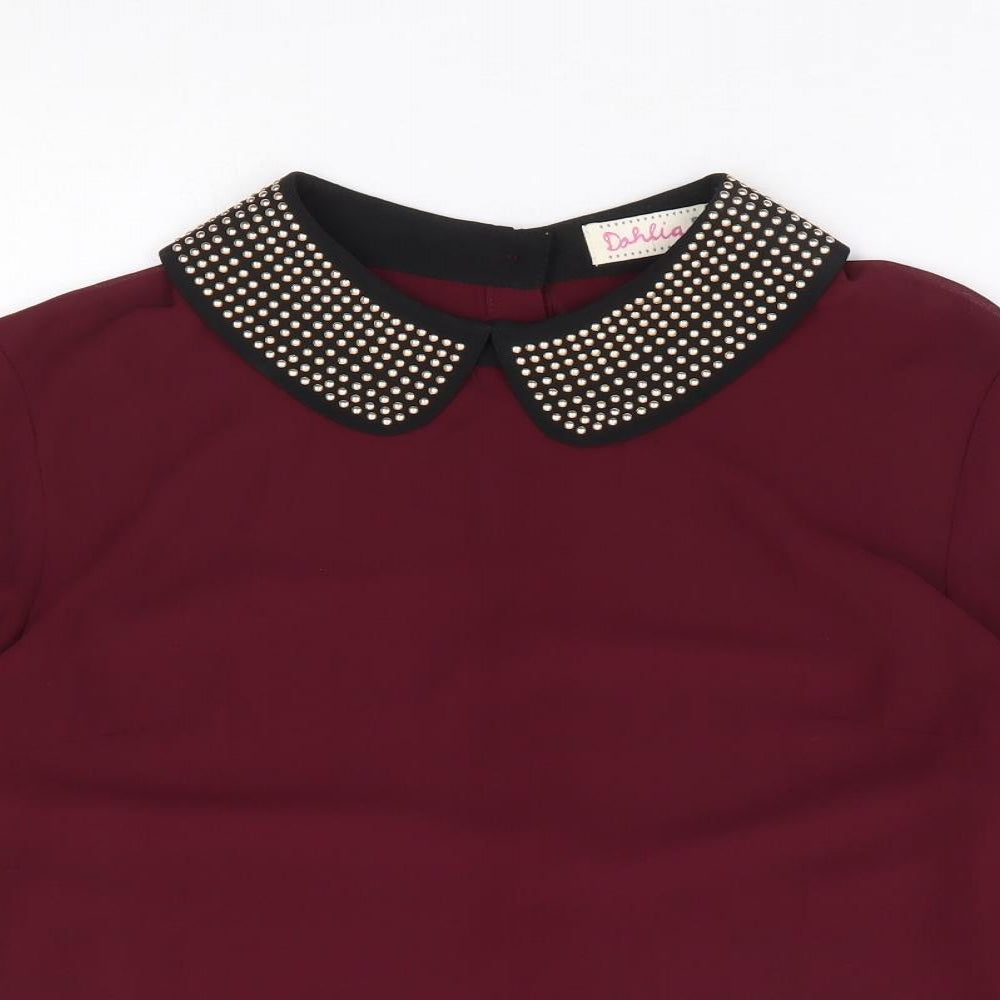 Dahlia Womens Red Polyester Basic Blouse Size L Collared