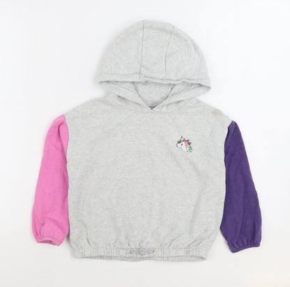 NEXT Girls Grey Colourblock Cotton Pullover Hoodie Size 7 Years Pullover - Unicorn