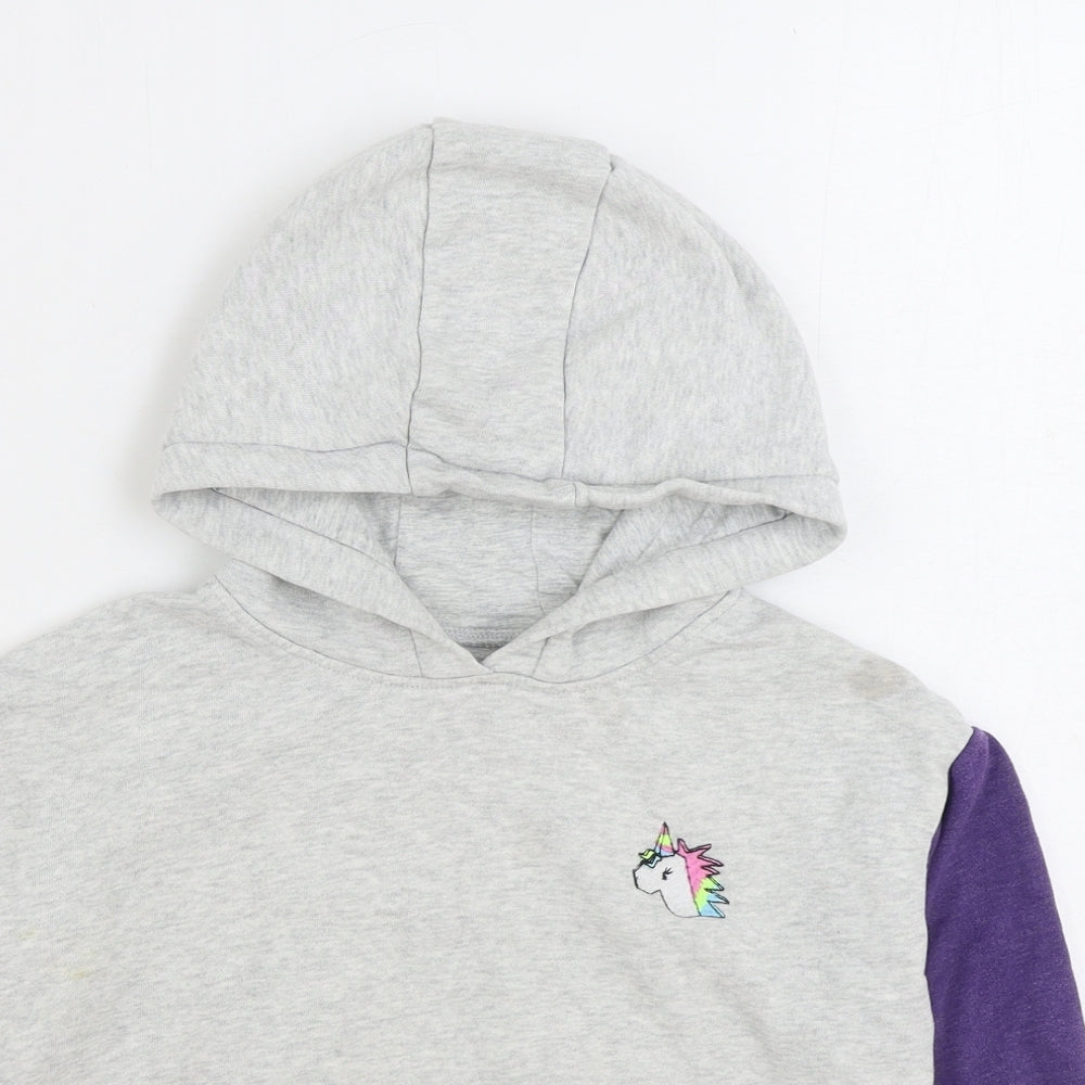 NEXT Girls Grey Colourblock Cotton Pullover Hoodie Size 7 Years Pullover - Unicorn