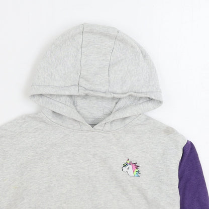NEXT Girls Grey Colourblock Cotton Pullover Hoodie Size 7 Years Pullover - Unicorn