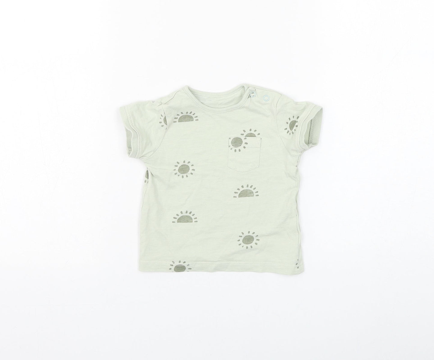 Primark Boys Green Geometric Cotton Basic T-Shirt Size 6-9 Months Round Neck Button - Sun