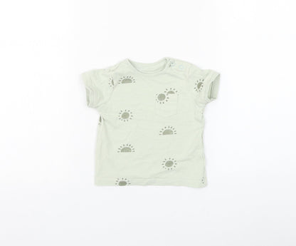 Primark Boys Green Geometric Cotton Basic T-Shirt Size 6-9 Months Round Neck Button - Sun