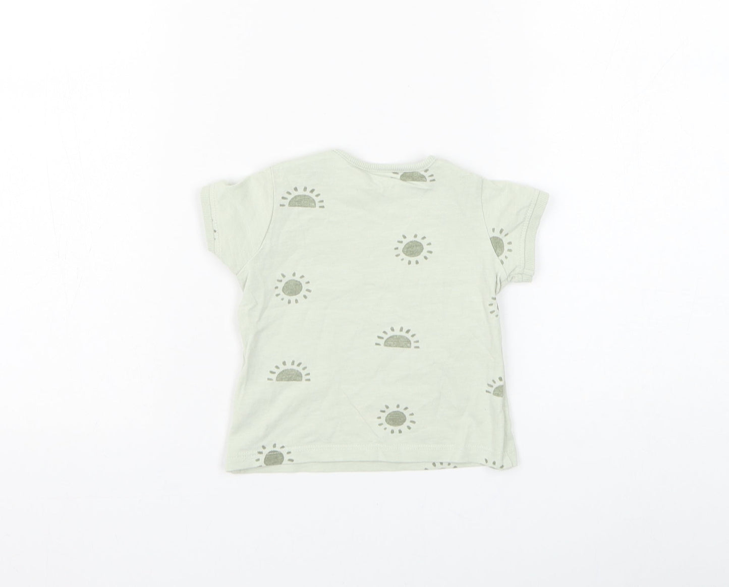 Primark Boys Green Geometric Cotton Basic T-Shirt Size 6-9 Months Round Neck Button - Sun