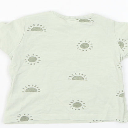 Primark Boys Green Geometric Cotton Basic T-Shirt Size 6-9 Months Round Neck Button - Sun