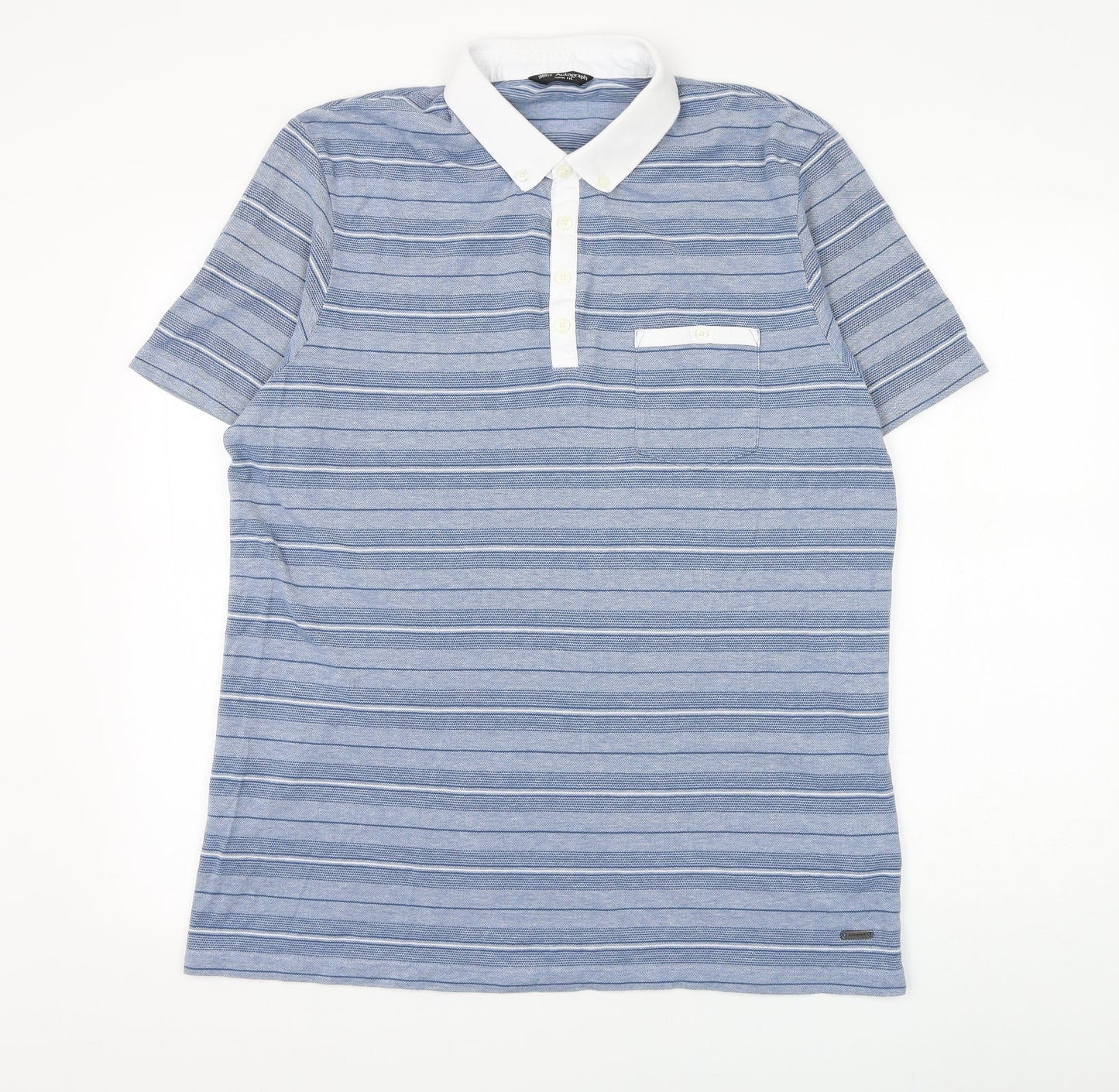 Marks and Spencer Mens Blue Striped Cotton Polo Size XL Collared Button