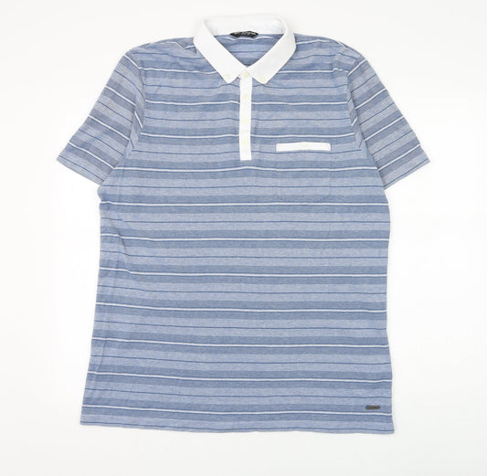 Marks and Spencer Mens Blue Striped Cotton Polo Size XL Collared Button