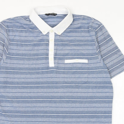 Marks and Spencer Mens Blue Striped Cotton Polo Size XL Collared Button