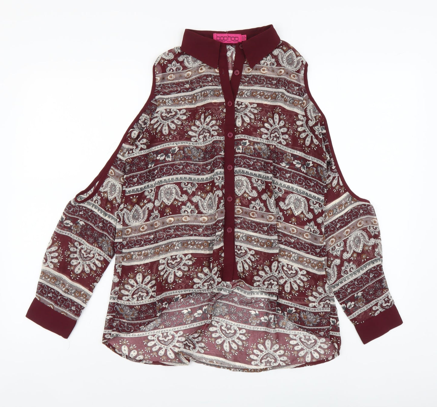 Boohoo Womens Red Geometric Polyester Basic Button-Up Size 6 Collared