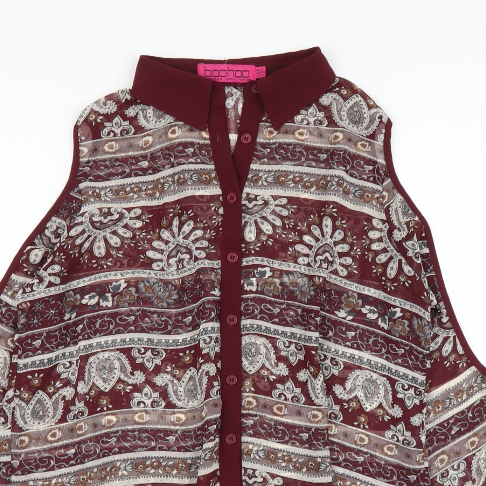 Boohoo Womens Red Geometric Polyester Basic Button-Up Size 6 Collared