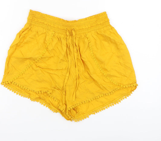 Primark Womens Yellow Viscose Hot Pants Shorts Size 8 L3 in Regular Drawstring