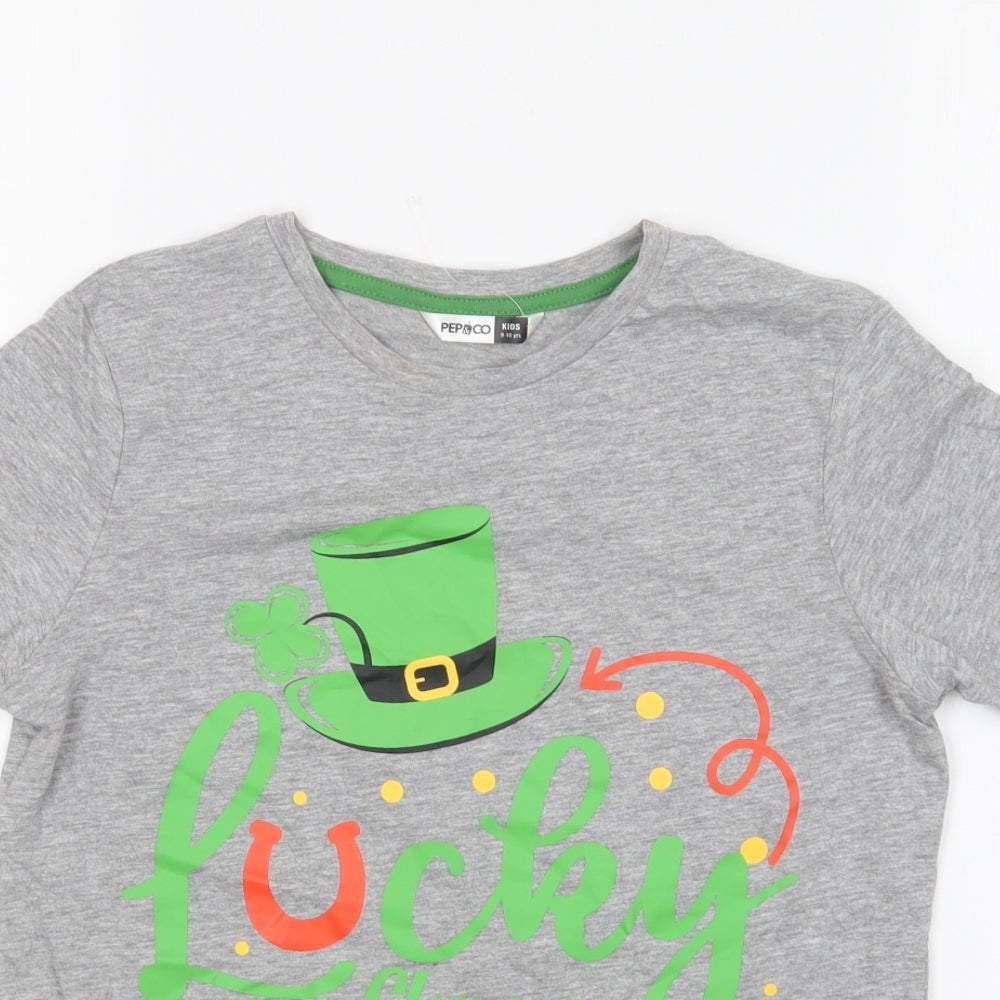 PEP&CO Boys Grey Cotton Basic T-Shirt Size 9-10 Years Round Neck Pullover - Lucky Charm