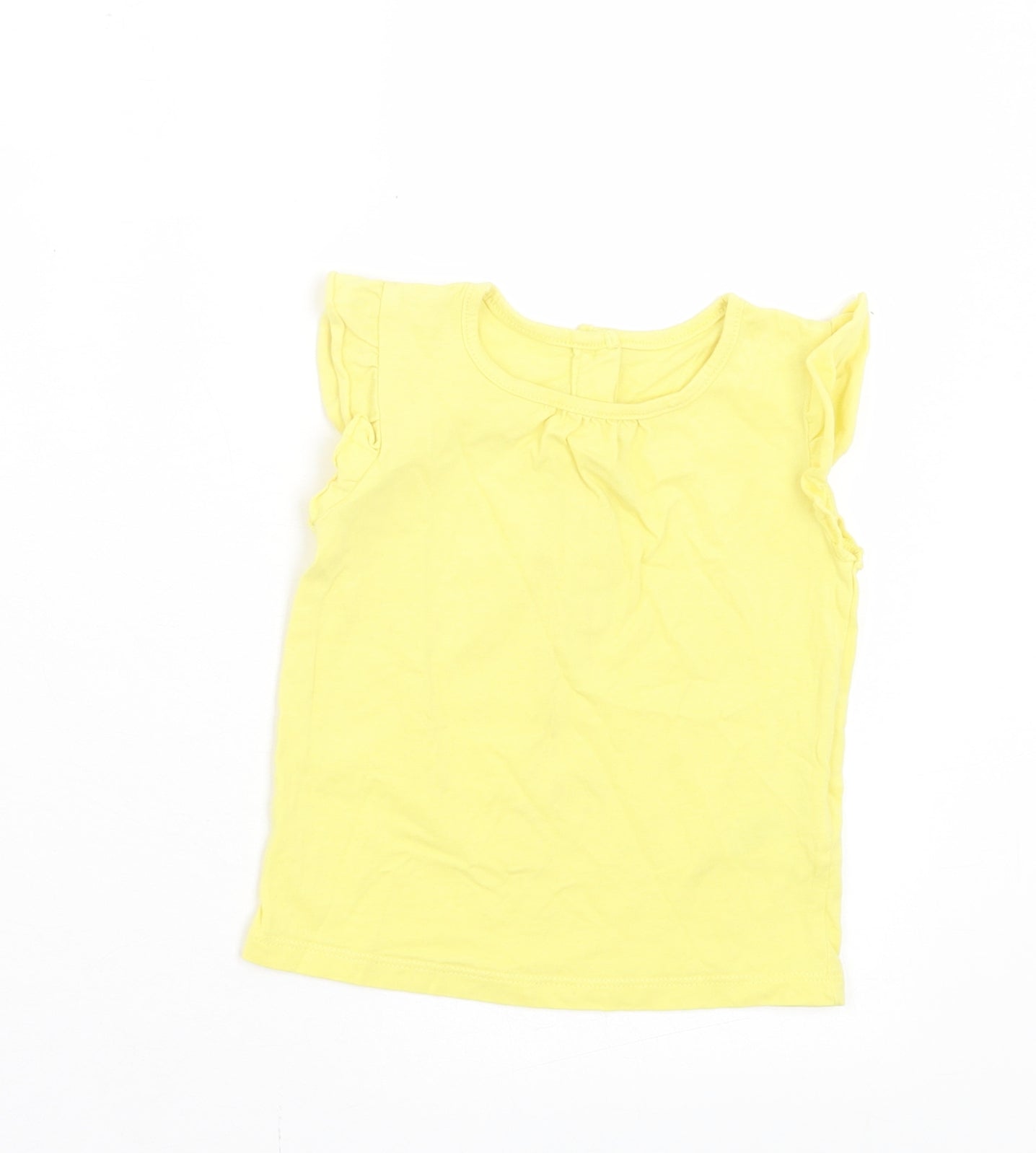 Matalan Girls Yellow Cotton Basic T-Shirt Size 9-12 Months Crew Neck Button - Ruffle Sleeves