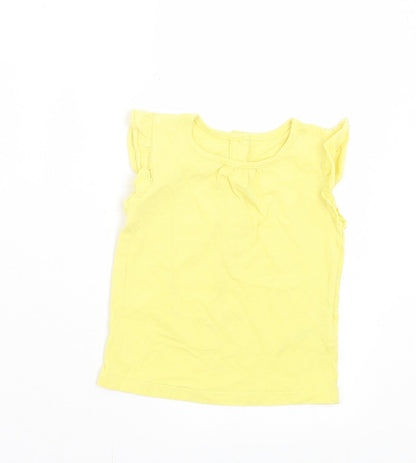 Matalan Girls Yellow Cotton Basic T-Shirt Size 9-12 Months Crew Neck Button - Ruffle Sleeves
