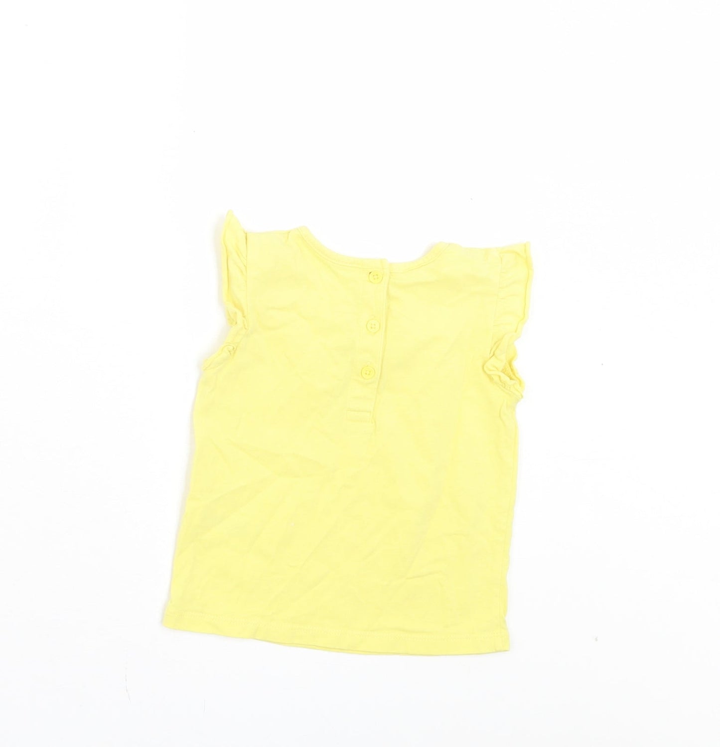 Matalan Girls Yellow Cotton Basic T-Shirt Size 9-12 Months Crew Neck Button - Ruffle Sleeves