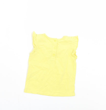 Matalan Girls Yellow Cotton Basic T-Shirt Size 9-12 Months Crew Neck Button - Ruffle Sleeves