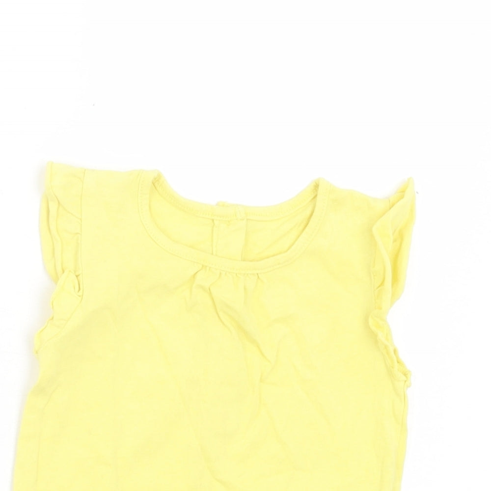 Matalan Girls Yellow Cotton Basic T-Shirt Size 9-12 Months Crew Neck Button - Ruffle Sleeves