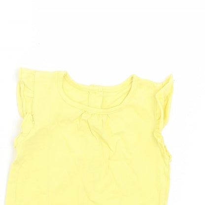 Matalan Girls Yellow Cotton Basic T-Shirt Size 9-12 Months Crew Neck Button - Ruffle Sleeves