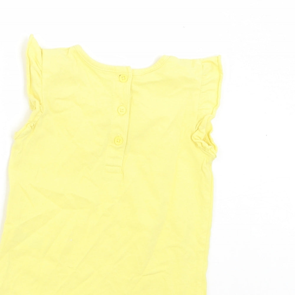 Matalan Girls Yellow Cotton Basic T-Shirt Size 9-12 Months Crew Neck Button - Ruffle Sleeves