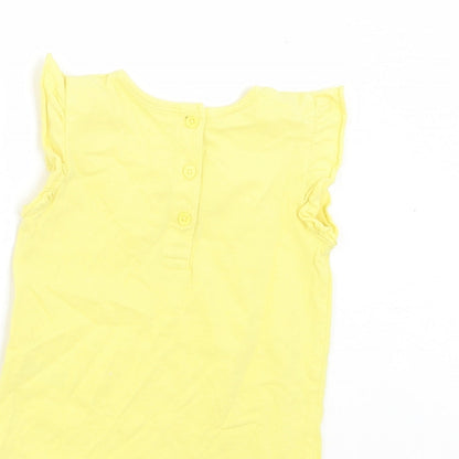Matalan Girls Yellow Cotton Basic T-Shirt Size 9-12 Months Crew Neck Button - Ruffle Sleeves