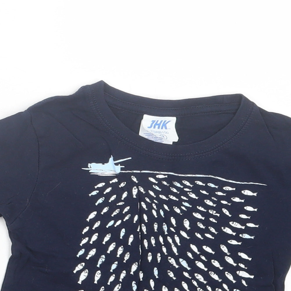 JHK Boys Blue Cotton Basic T-Shirt Size 2 Years Crew Neck Pullover - Fish Pattern