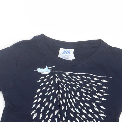 JHK Boys Blue Cotton Basic T-Shirt Size 2 Years Crew Neck Pullover - Fish Pattern
