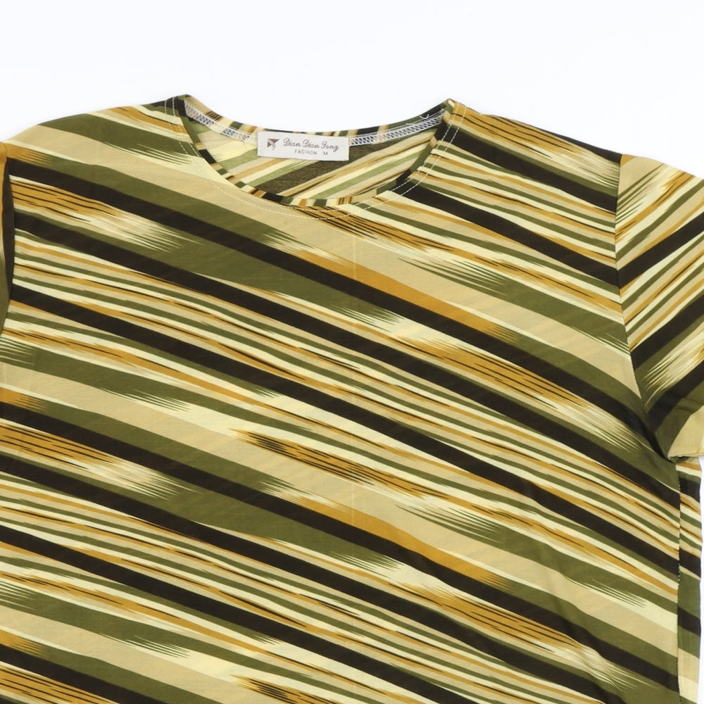 Dian Dian Tong Womens Multicoloured Striped Polyester Basic T-Shirt Size M Round Neck