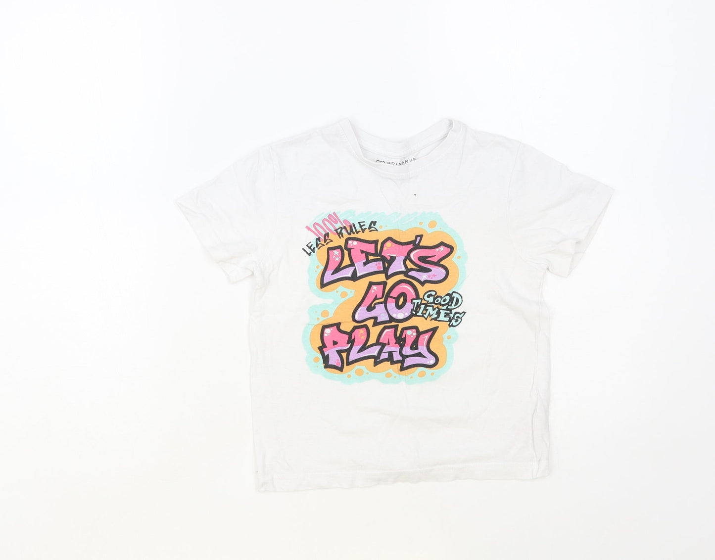 Primark Girls White Cotton Pullover T-Shirt Size 5-6 Years Crew Neck Pullover - Let's Go Play