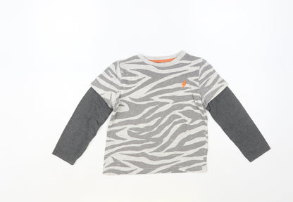 F&F Boys Grey Animal Print Cotton Pullover T-Shirt Size 5-6 Years Crew Neck Pullover - Zebra Print