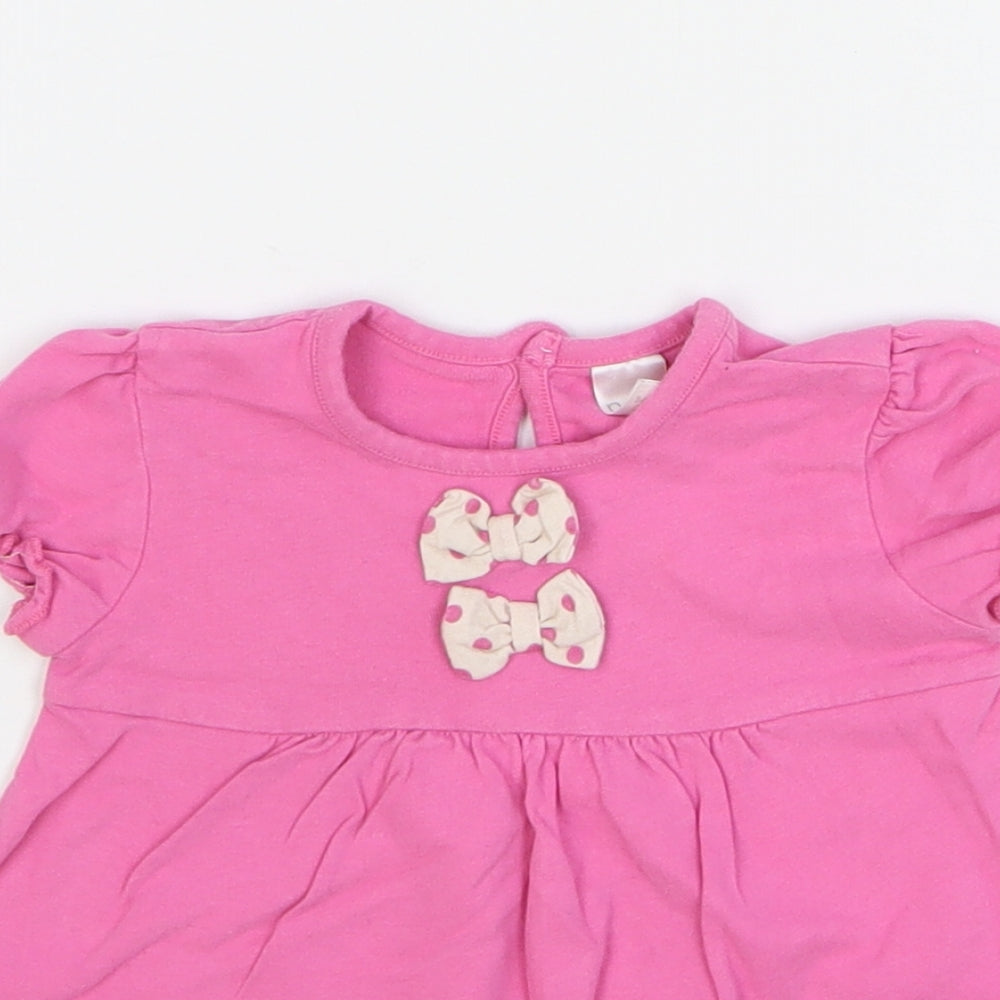 NEXT Girls Pink Geometric Cotton A-Line Size 3-6 Months Round Neck Button - Cat