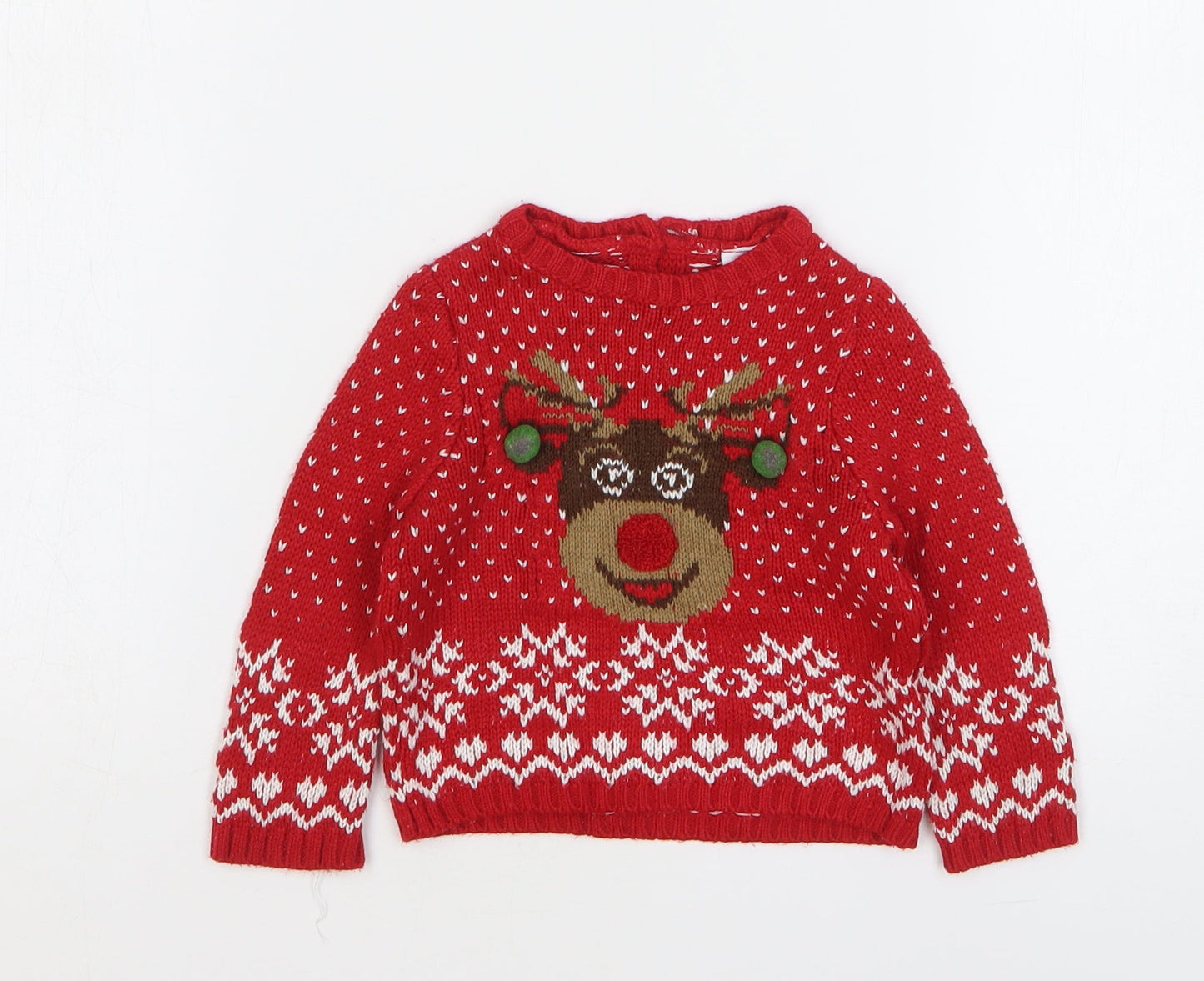 LC Waikiki Boys Red Fair Isle Acrylic Pullover Jumper Size 6-9 Months Button - Christmas Reindeer