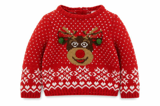 LC Waikiki Boys Red Fair Isle Acrylic Pullover Jumper Size 6-9 Months Button - Christmas Reindeer
