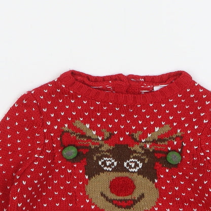LC Waikiki Boys Red Fair Isle Acrylic Pullover Jumper Size 6-9 Months Button - Christmas Reindeer