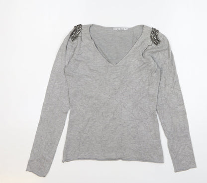 D.D. Style Womens Grey V-Neck Viscose Pullover Jumper Size L