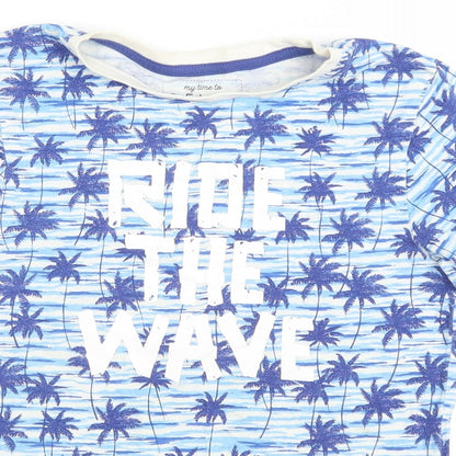 Peacocks Boys Blue Geometric Cotton Basic T-Shirt Size 10-11 Years Round Neck Pullover - Ride the wave
