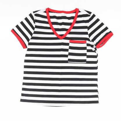 SheIn Womens Black Striped Polyester Basic T-Shirt Size S V-Neck - Contrast Trim