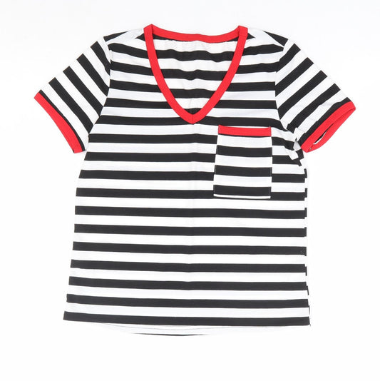 SheIn Womens Black Striped Polyester Basic T-Shirt Size S V-Neck - Contrast Trim