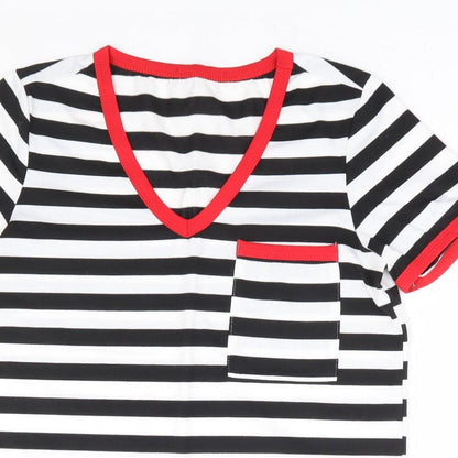 SheIn Womens Black Striped Polyester Basic T-Shirt Size S V-Neck - Contrast Trim