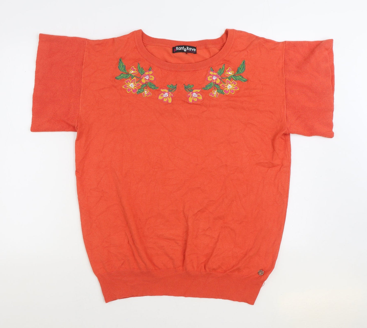 Rant & Rave Womens Orange Round Neck Floral Viscose Pullover Jumper Size L