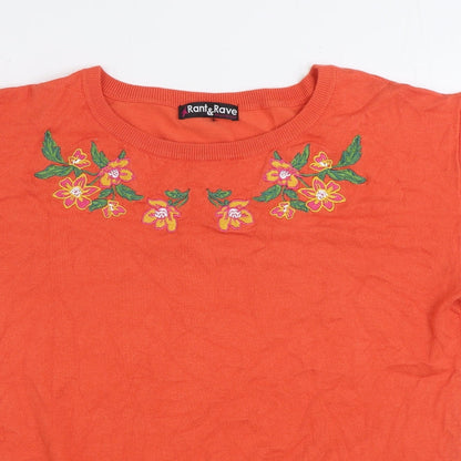 Rant & Rave Womens Orange Round Neck Floral Viscose Pullover Jumper Size L