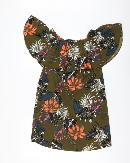 Peacocks Womens Green Floral Polyester A-Line Size 8 Square Neck Pullover